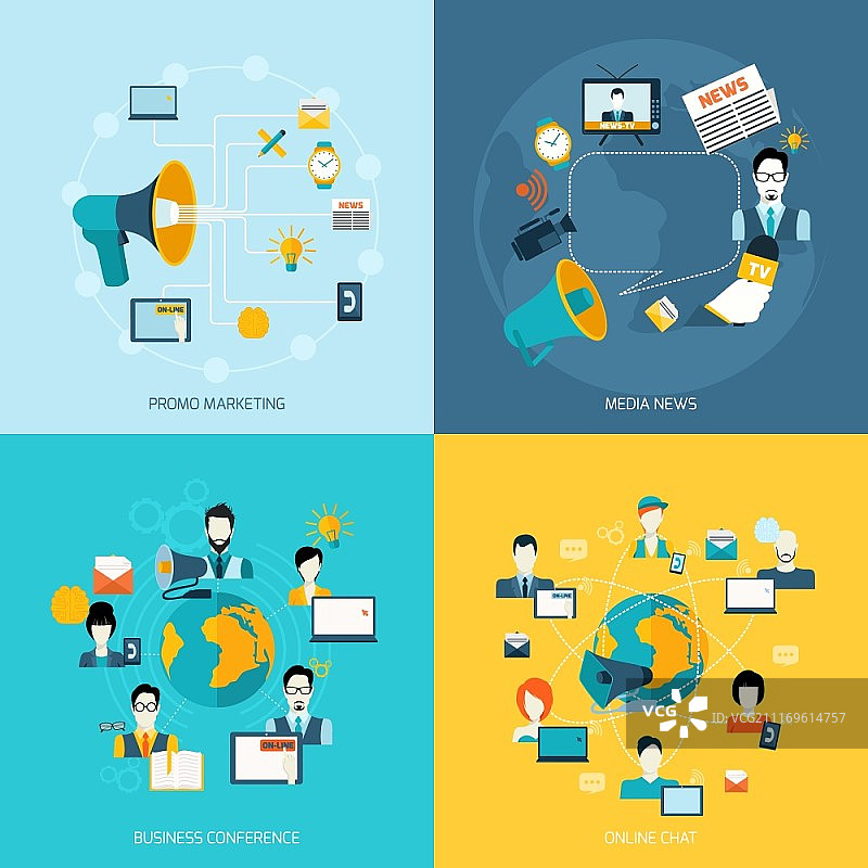 包含促销营销媒体新闻发布会在线聊天等元素的商业沟通图标集矢量图图片素材