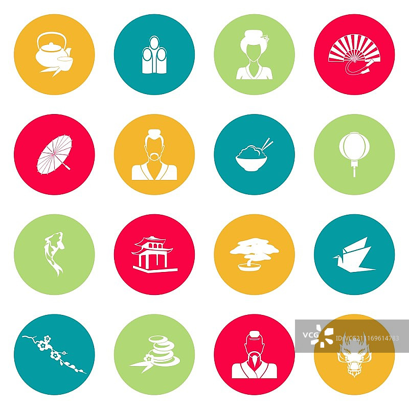 日本文化扁平风图标：折纸、龙、灯笼图片素材