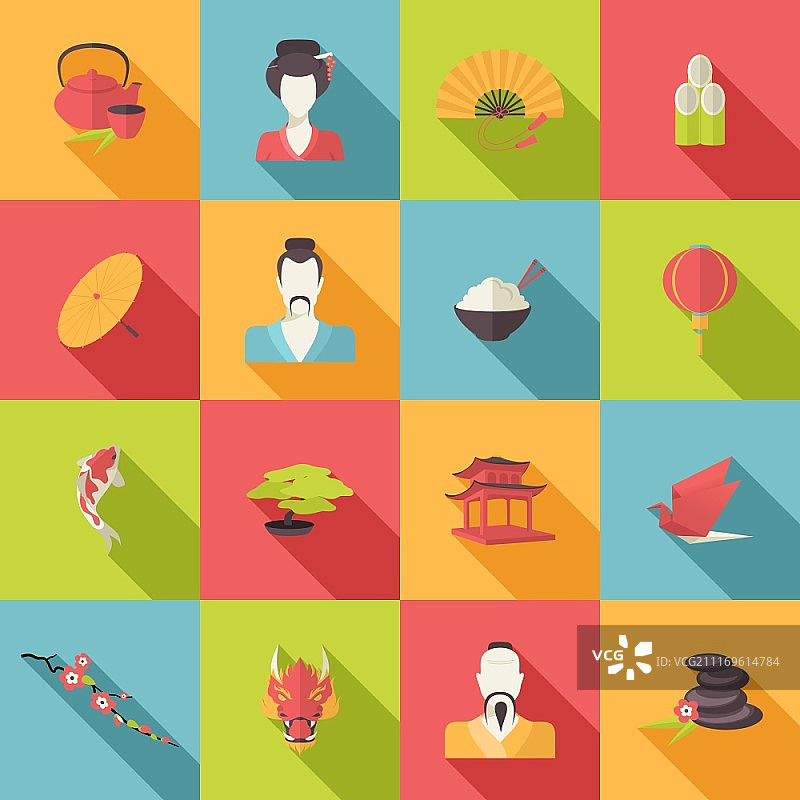 日本旅游图标扁平化设计：包含伞、盆景树、折纸等元素图片素材