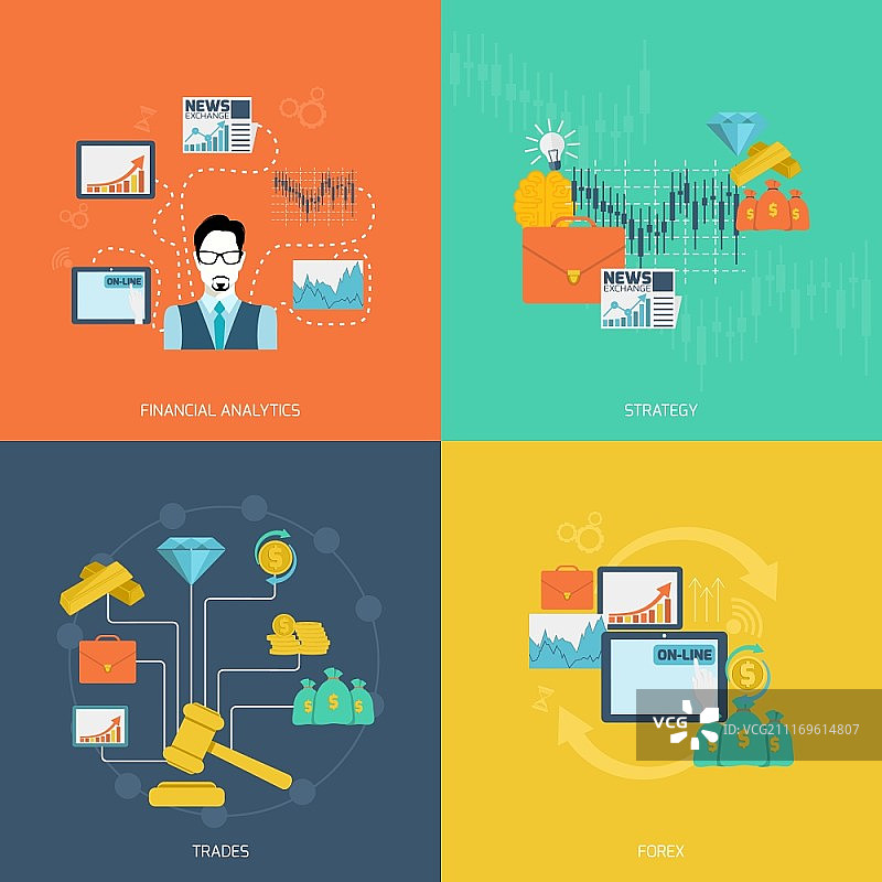 金融交易扁平图标素材集（含金融分析、策略交易、外汇等）图片素材