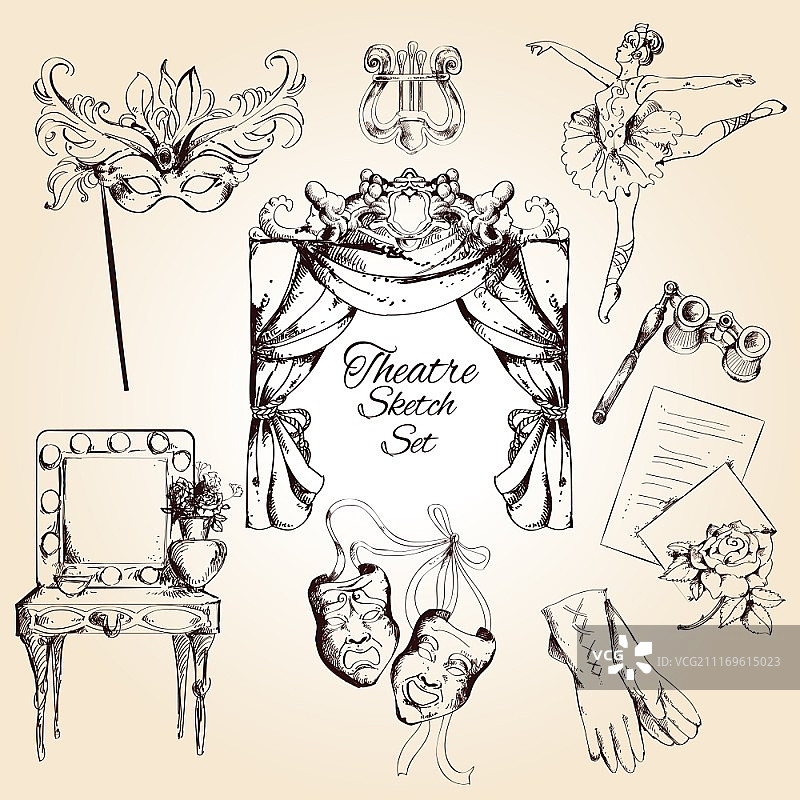 戏剧芭蕾表演娱乐素描装饰图标集矢量图图片素材