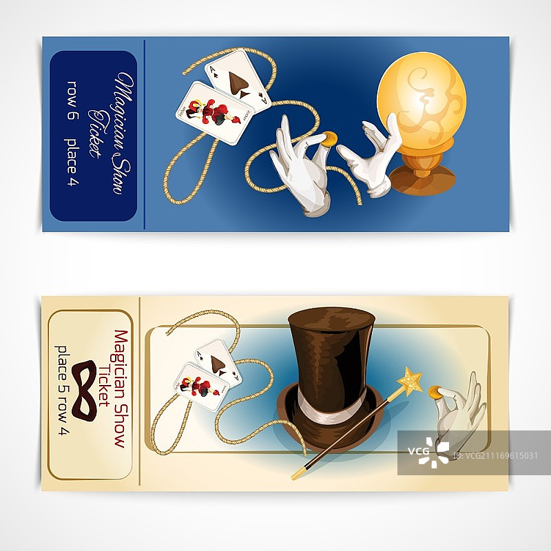 魔术表演门票套装与魔术配件矢量图图片素材