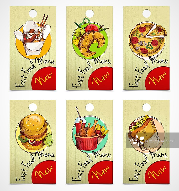 带有面条、牛角面包、披萨的快餐菜单标签矢量图图片素材