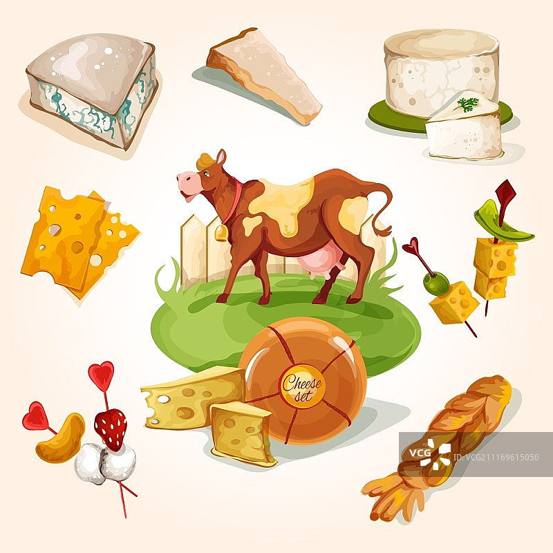 天然奶酪、食物什锦和奶牛装饰图标矢量图图片素材