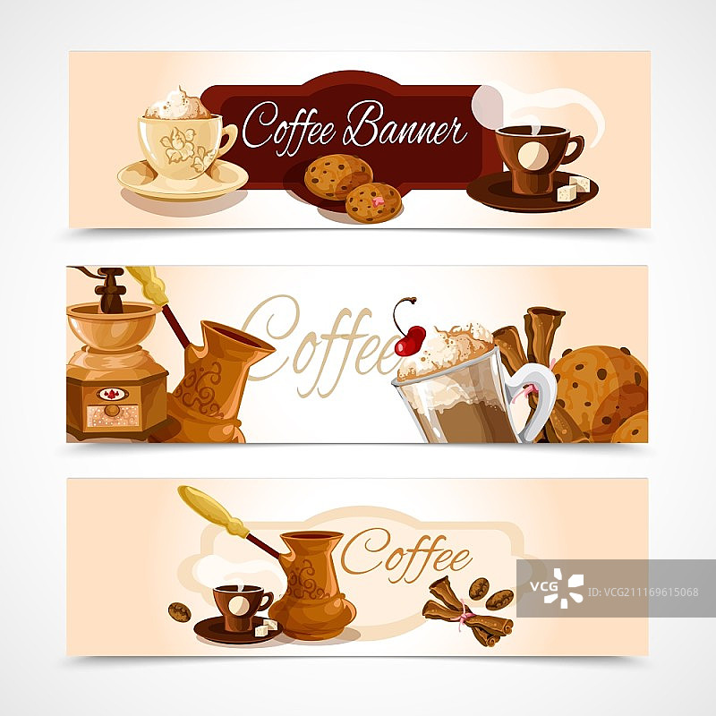 拿铁咖啡、浓缩咖啡和卡布奇诺咖啡水平banner图片素材