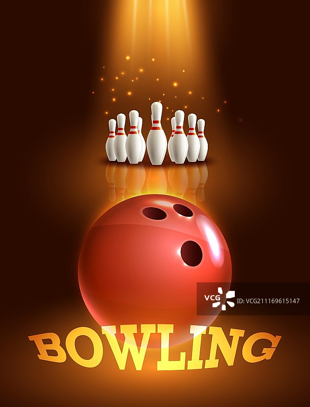 深色背景上的保龄球和球瓶逼真游戏海报矢量插画图片素材