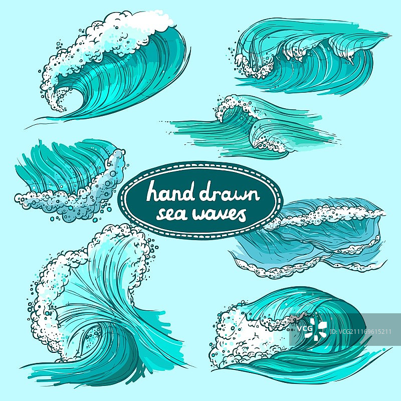手绘彩色海洋波浪装饰图标矢量图图片素材