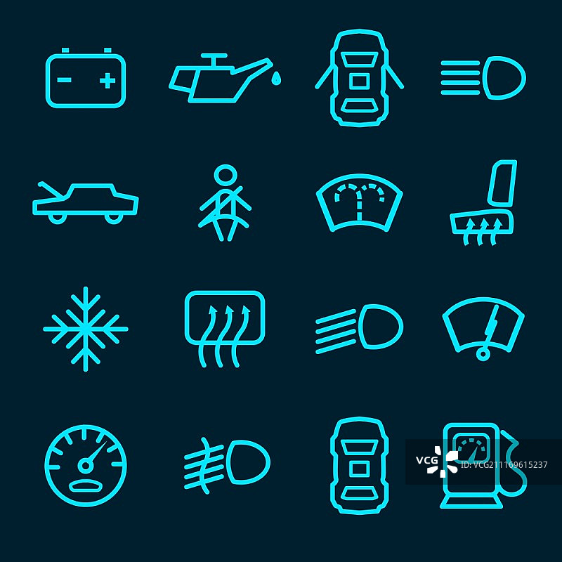 汽车仪表盘图标，带警告灯燃油箱盖座椅符号隔离矢量图图片素材