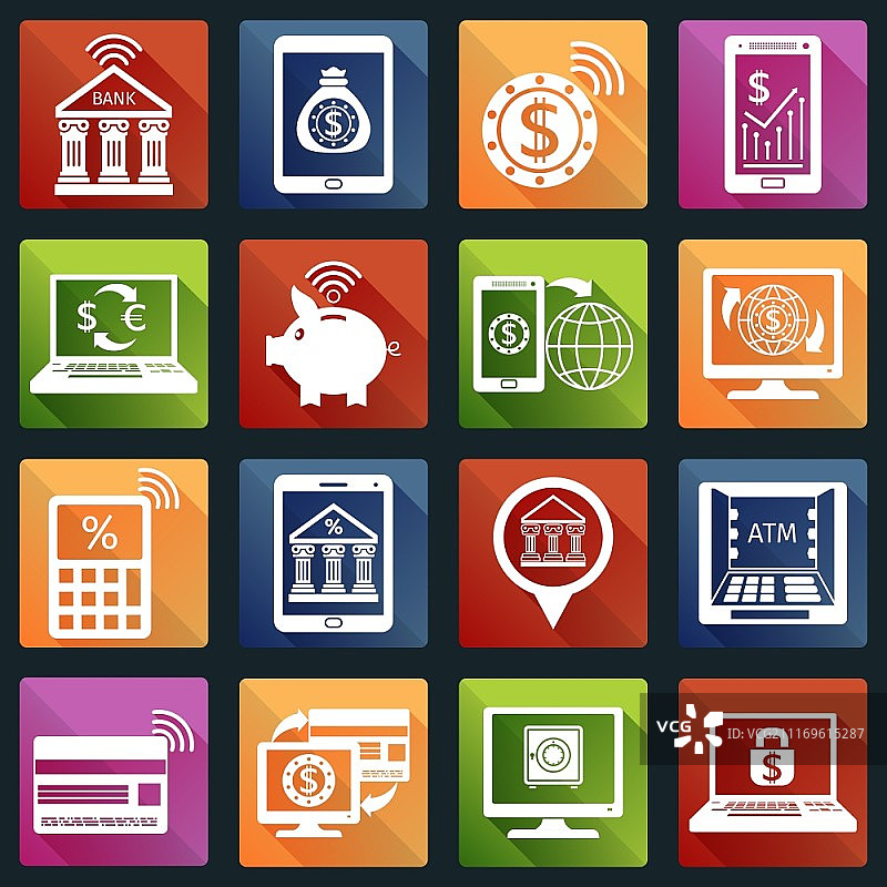 手机银行白色图标集，具有在线金融服务应用隔离矢量图图片素材