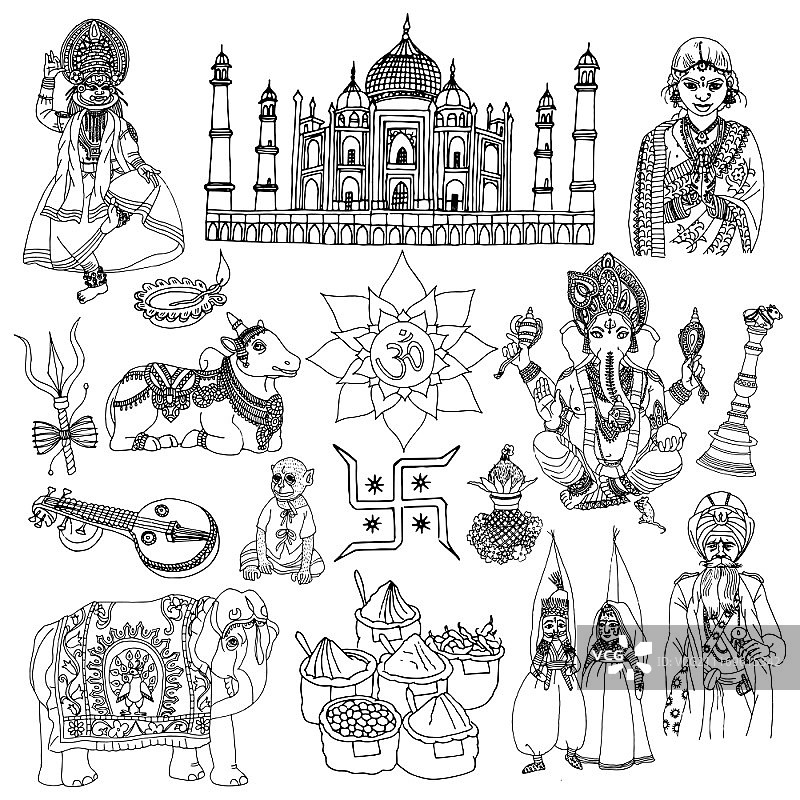 印度传统文化装饰速写图标集（含大象、莲花、佛陀等）矢量素材图片素材