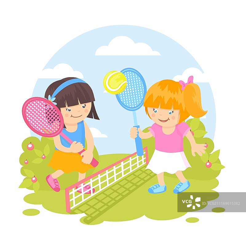 女孩们用运动球拍在户外打网球背景矢量图图片素材