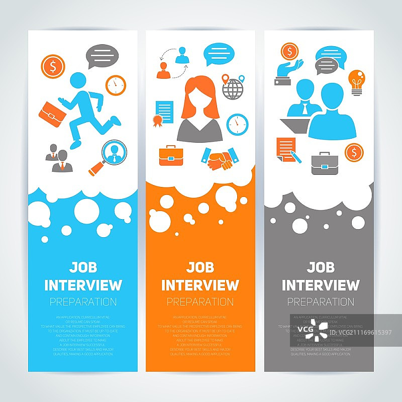 招聘面试准备扁平风格banner竖版套装，包含招聘会议和简历搜索等，矢量插画图片素材