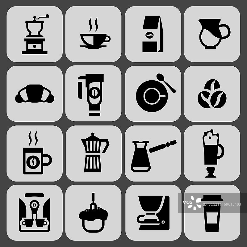 咖啡图标黑色合集：含热饮杯、马克杯、法式压滤壶等，矢量图例图片素材
