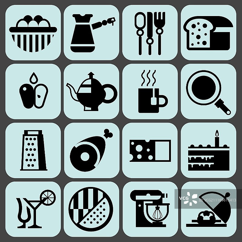 烹饪食物黑色图标集，含鸡蛋、土耳其餐具、面包等，矢量图图片素材