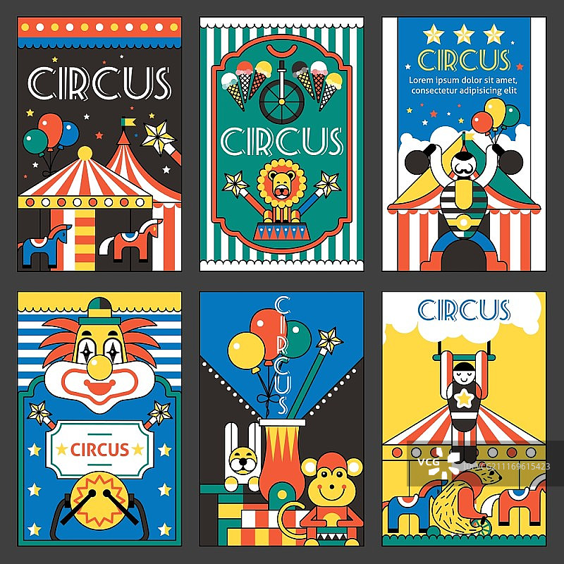 马戏团娱乐游乐园复古海报套装隔离矢量插图图片素材