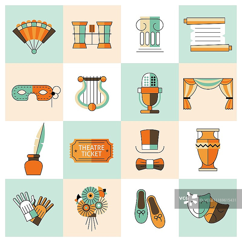 戏剧表演图标扁平化线条设计，包含歌剧芭蕾等，矢量插画图片素材