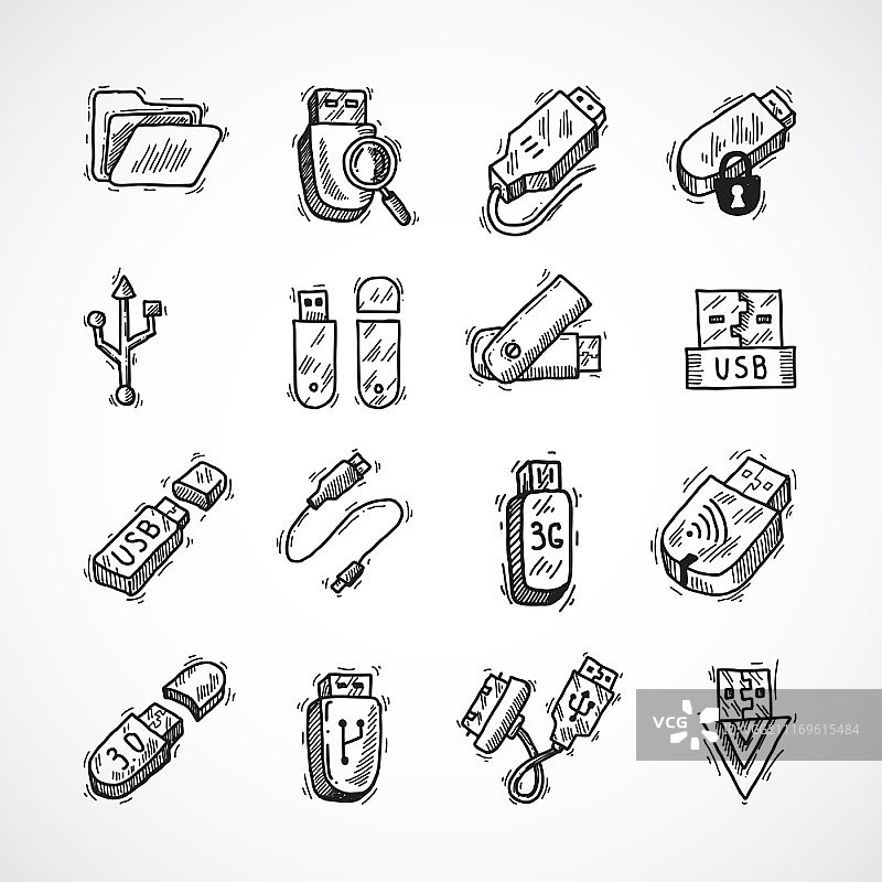 USB驱动器计算机信息技术装饰图标草图集矢量素材图片素材