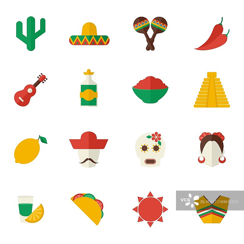 墨西哥旅游元素扁平图标集：仙人掌、阔边帽、沙槌、辣椒图片素材