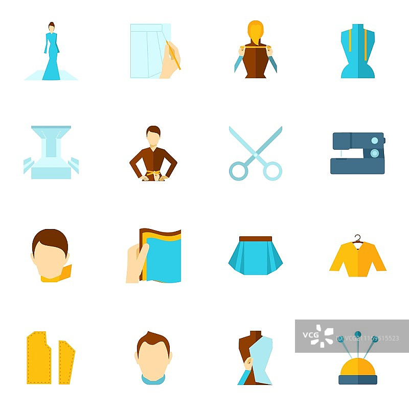服装设计师扁平化图标，包含缝纫纺织和时尚元素矢量素材图片素材