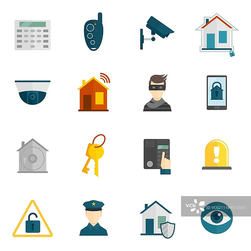 带警察监控摄像头安全系统的家庭安全图标扁平集矢量图图片素材