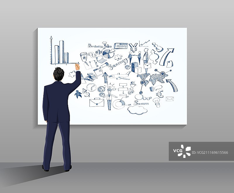 商务人士绘制商业草图、图表和符号的背影矢量图图片素材