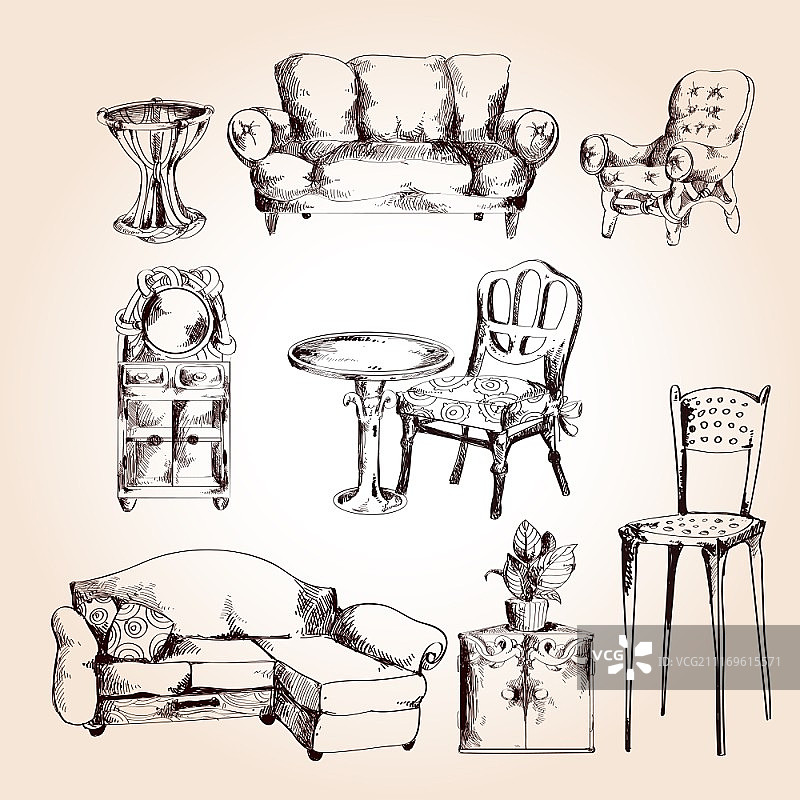 家具素描装饰图标：椅桌沙发矢量插画图片素材