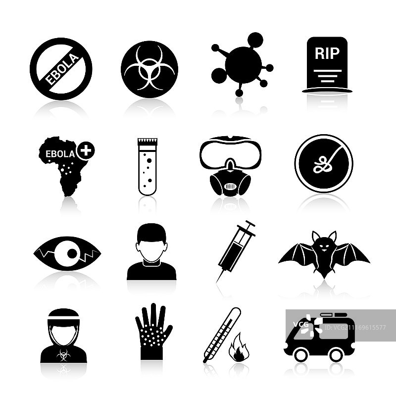 埃博拉病毒致命感染症状黑色图标集，含温度计、烧瓶、蝙蝠等图片素材