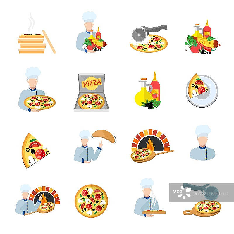 快餐披萨制作扁平图标集图片素材