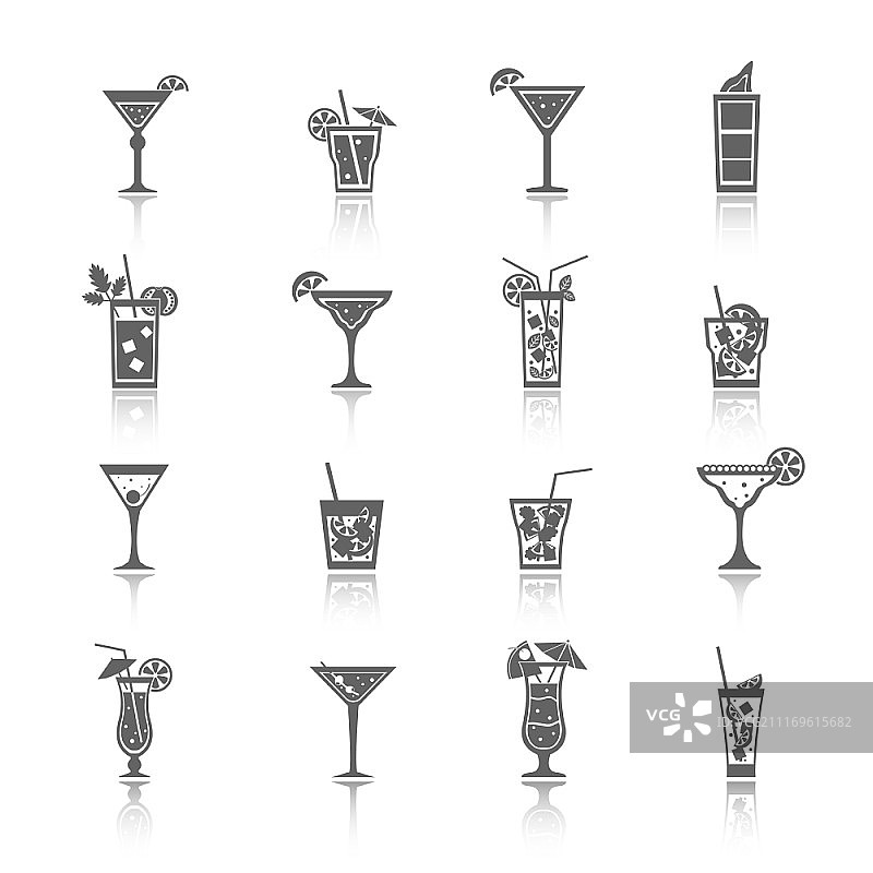 蓝色泻湖曼哈顿日出龙舌兰鸡尾酒图标黑色合集矢量图图片素材