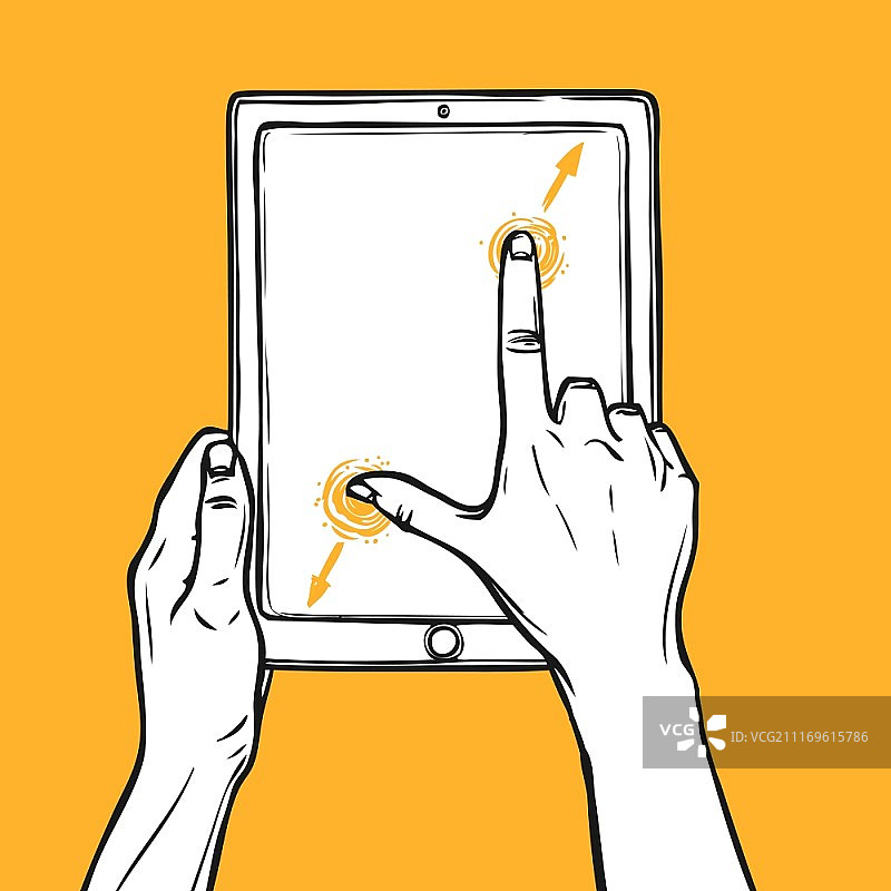 手持平板电脑捏合手势草图橙色背景矢量图图片素材