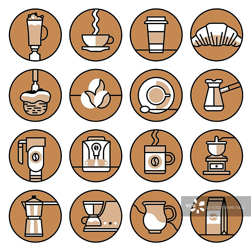 棕色线条咖啡图标集，含冰沙、热纸杯、牛角包，独立矢量图图片素材