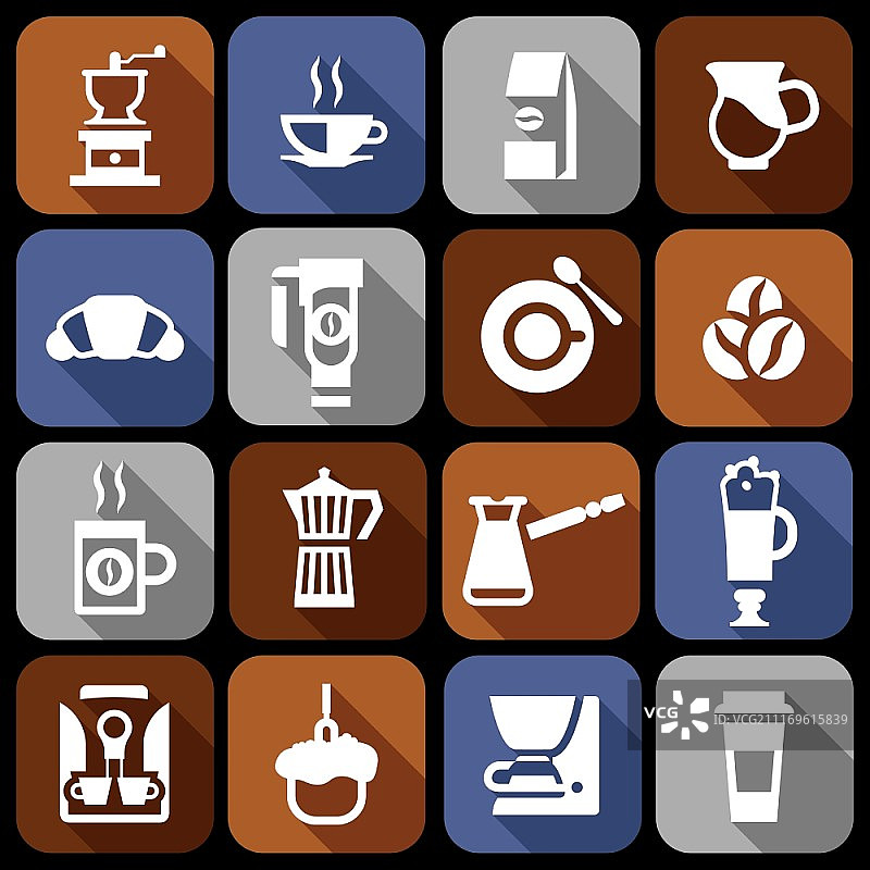 咖啡研磨机、热咖啡杯扁平阴影图标图片素材