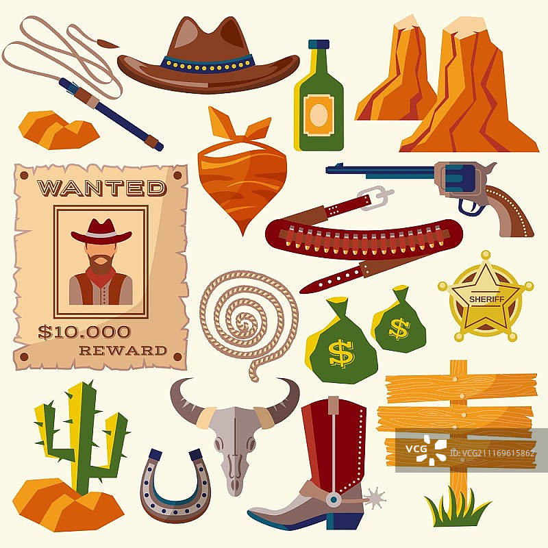 带枪钱袋帽的狂野西部牛仔扁平图标集矢量图图片素材
