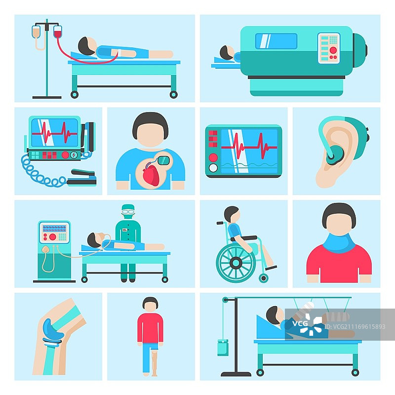 医疗保健病人呼吸监测设备生命支持输液系统扁平图标集抽象隔离矢量插图图片素材