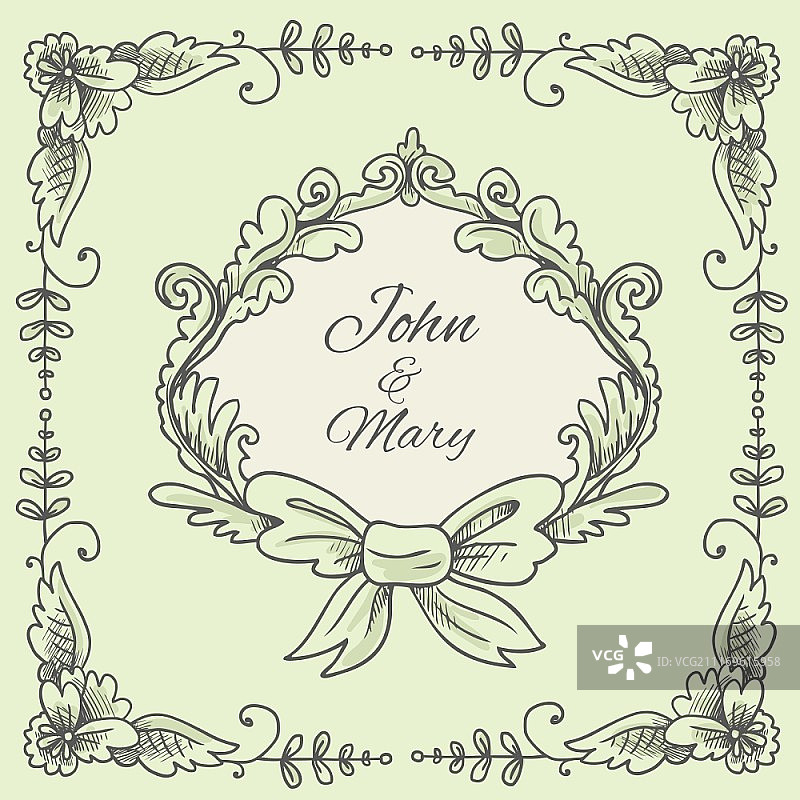 带有书法装饰图案的花卉框架婚礼花圈明信片草图矢量图图片素材