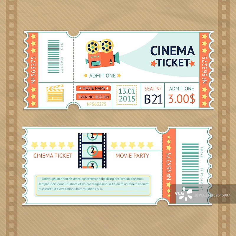 复古电影派对纸质票券合集矢量插图图片素材