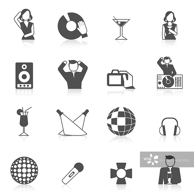 夜总会图标：黑胶DJ、鸡尾酒和卡拉OK麦克风矢量图图片素材