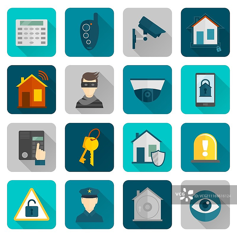 家庭安全防护防盗报警系统扁平图标矢量图图片素材