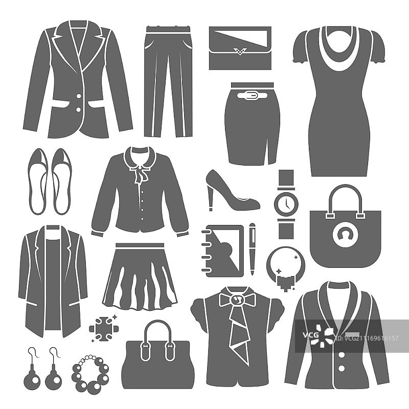 女商人服装套装：高跟鞋、包、连衣裙矢量图图片素材