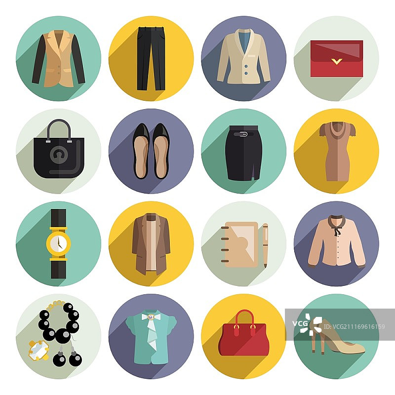 包含钱包、珠宝、化妆品包的商务女性服装图标集矢量图图片素材