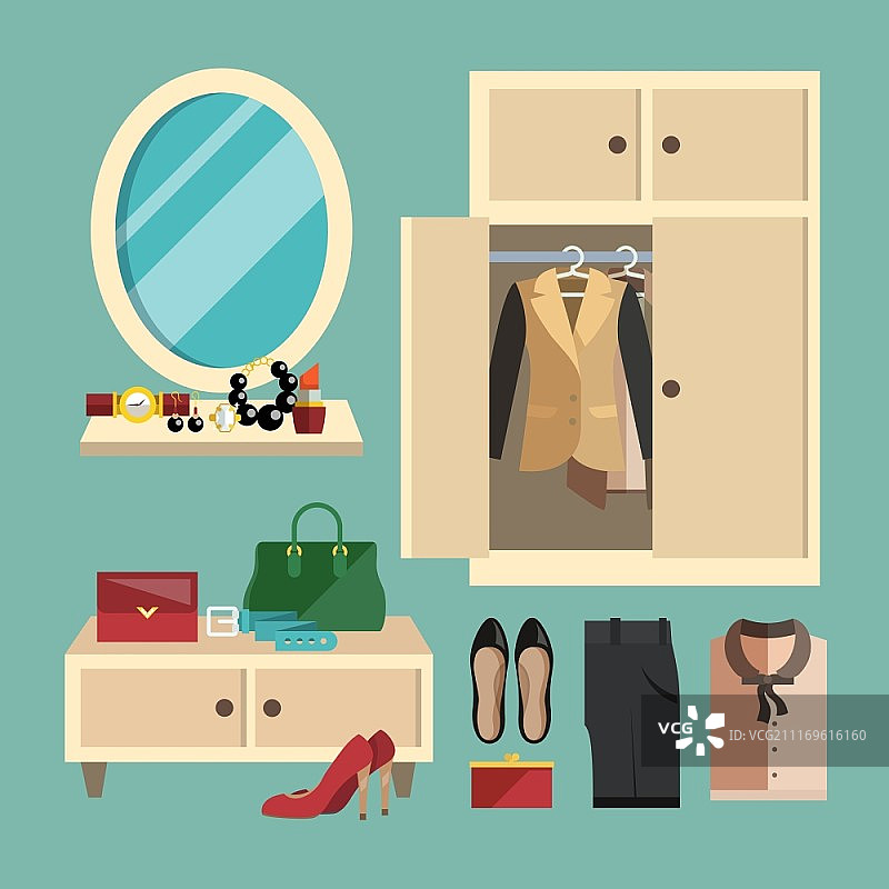商务女性服装鞋子和配饰装饰图标扁平风格矢量图图片素材