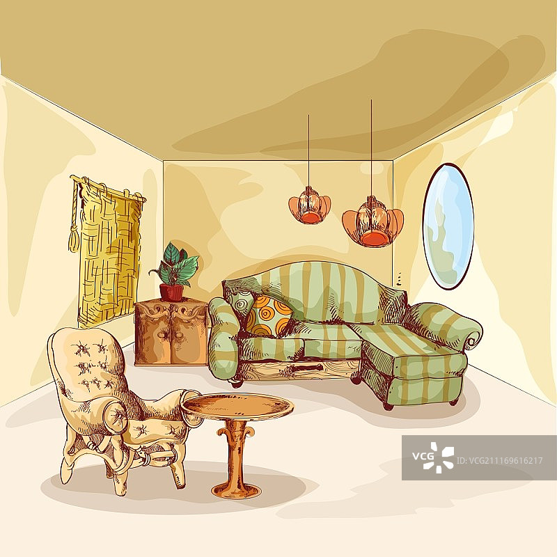 客厅内景草图背景：扶手椅、沙发、镜子和桌子矢量素材图片素材