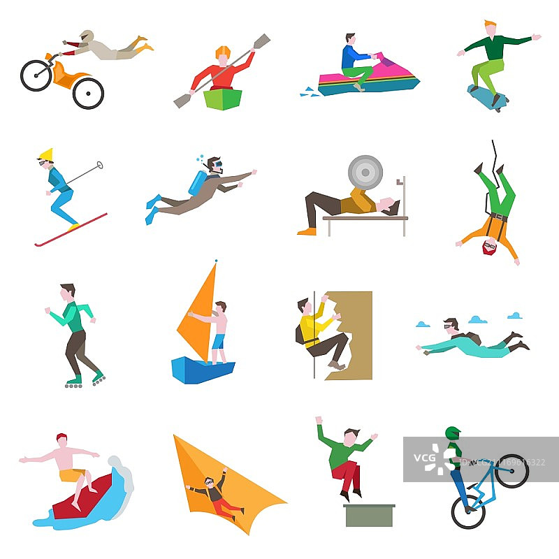 极限运动图标集：包含风筝冲浪、自行车、帆船、滑雪等矢量插画图片素材