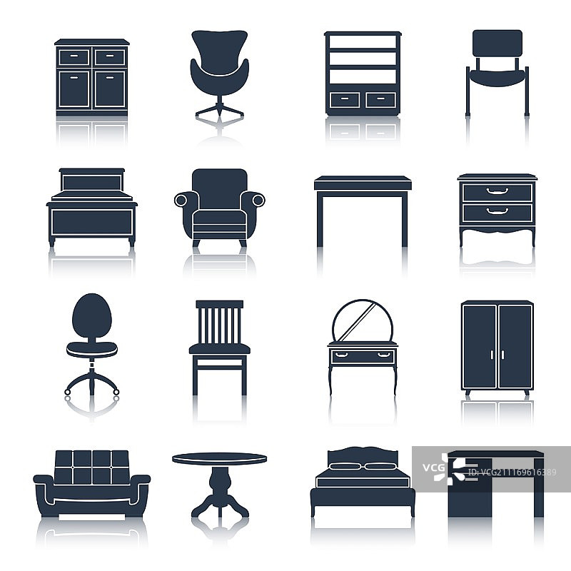 黑色家具图标合集：床、餐具柜、椅子、办公桌图片素材
