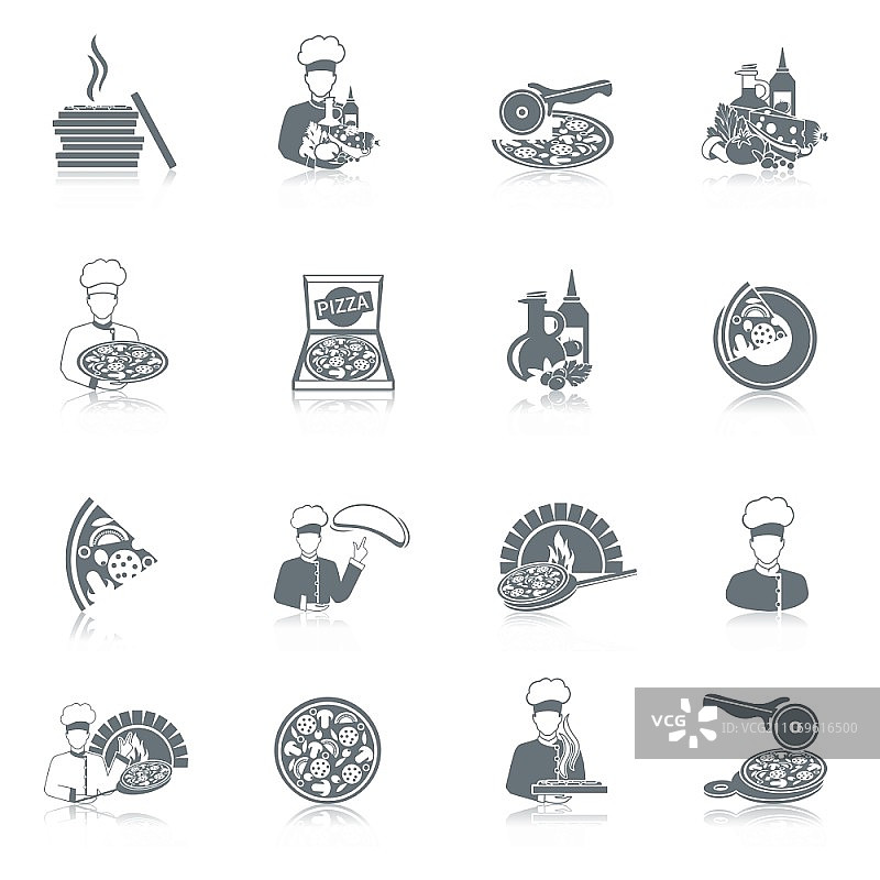 快餐披萨制作：优质服务、新鲜食材黑色图标矢量图图片素材
