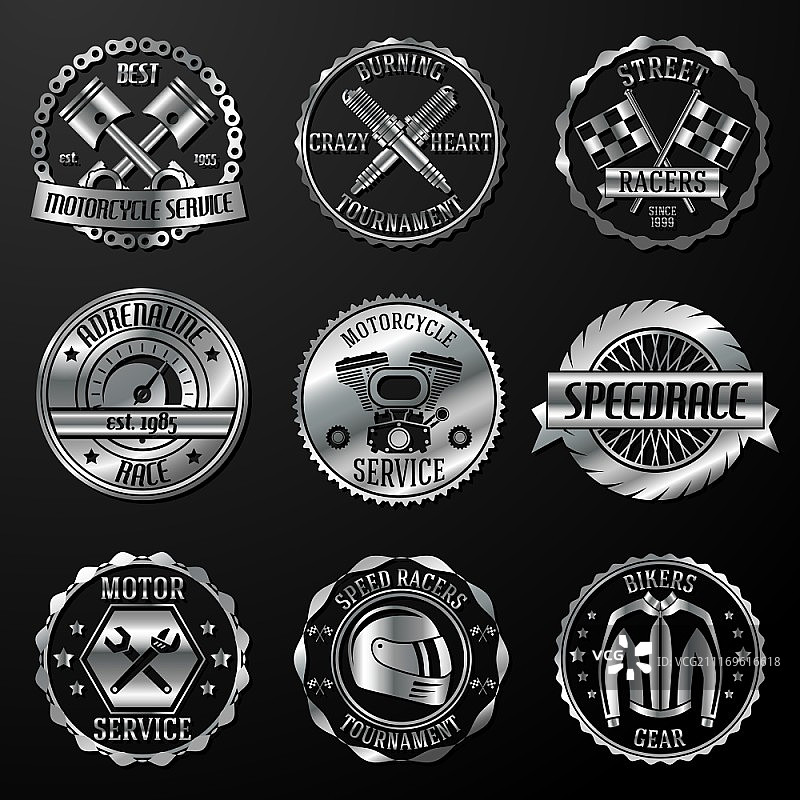 摩托车锦标赛金属服务徽章矢量图图片素材