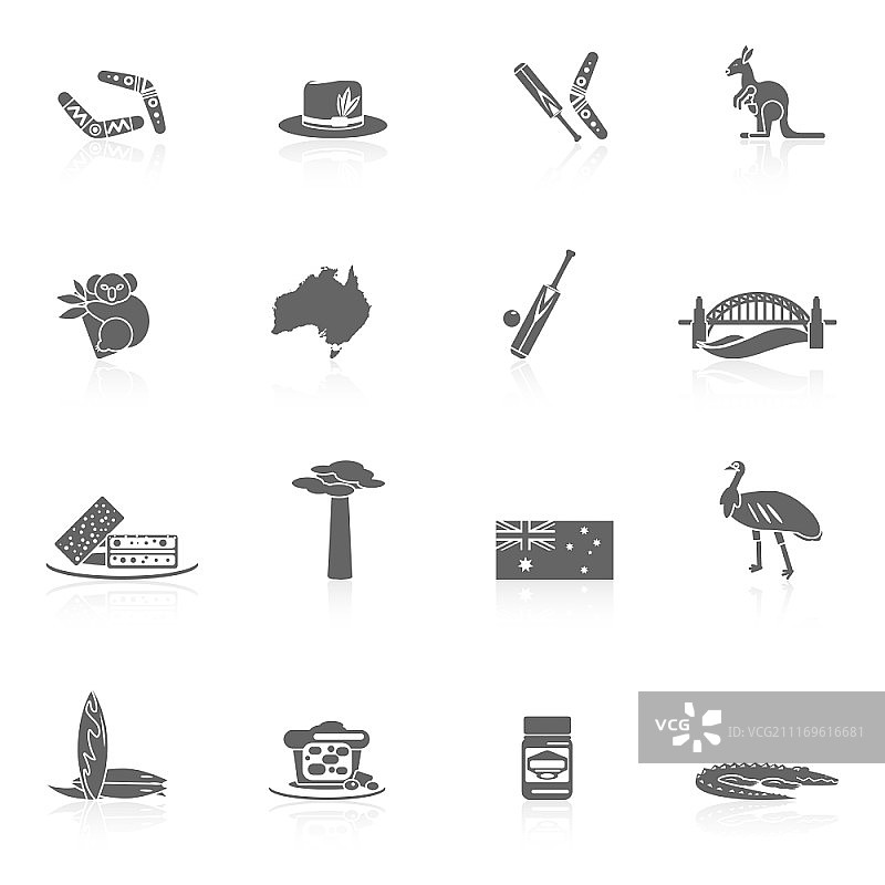 澳大利亚旅行标志黑色合集：悉尼歌剧院、回力标和袋鼠图片素材