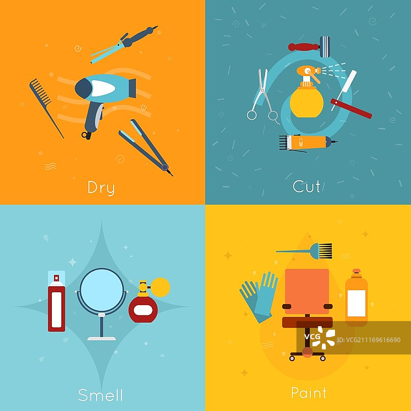 理发师工具扁平图标集：吹风机、剪发、染发等，矢量图图片素材