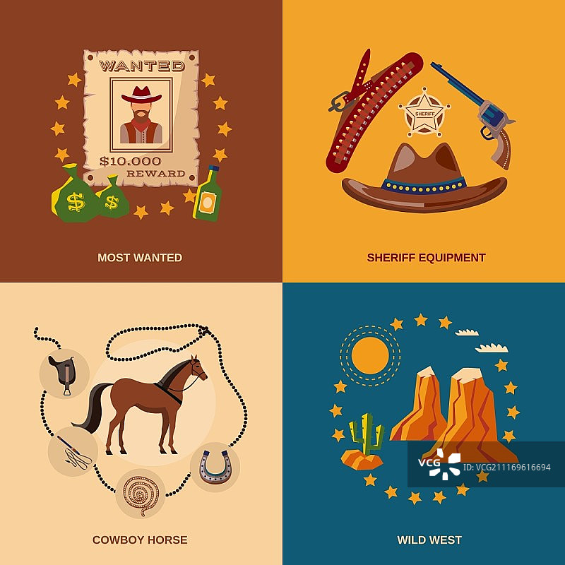 狂野西部牛仔扁平图标，包含通缉警长装备图片素材