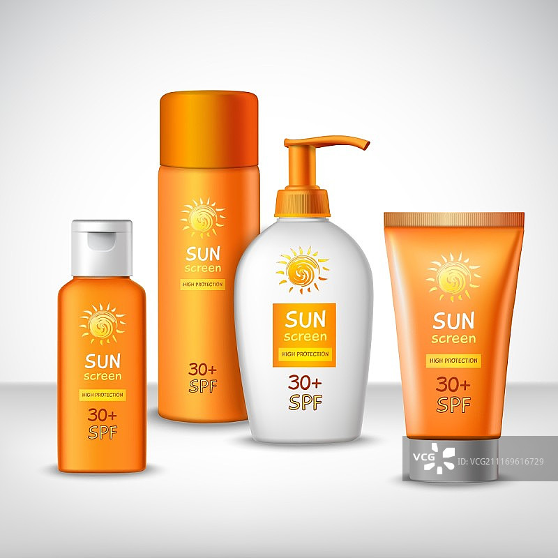 防晒保护，阳光护理化妆品容器橙色套装矢量图图片素材